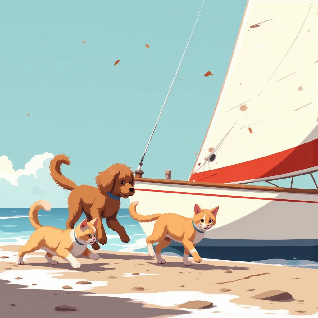 Flat detail of a brown poodle dog with white ,   two cats playing on the deck of a sailboat is cream-colored,  with a red stripe on the top of the bow, Sunny day, calm sea, alta definición
