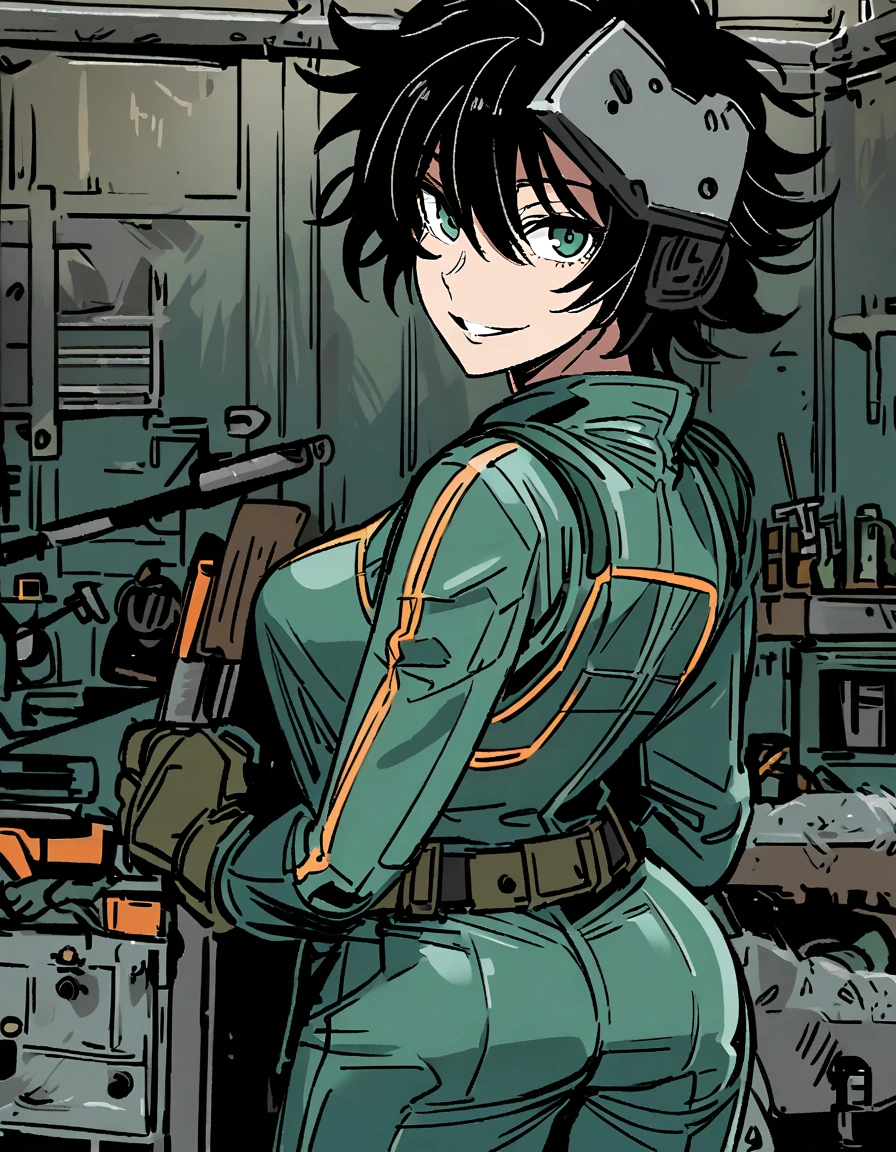 mature, looking at viewer, female, garage background, messy hair, short hair, parted lips, hair between eyes, ahoge, smile, standing, from behind, green eyes, body suit, belt with tools, welding mask on her hip, tall