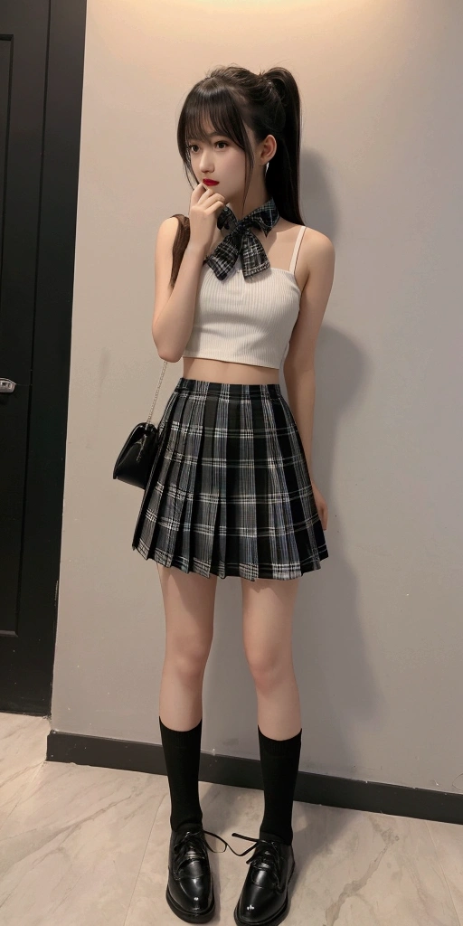 8k RAW photo, best qualtiy, tmasterpiece, 超A high resolution, film grains, Cinematic Light, 1girll, full body Esbian, looking at viewert, Natural Skin Texture, realistic eyes and face details, full pouty lips, lipsticks, (putting makeup on), Red eyeshadow, short fluffy hair, dishevled hair, ssmile, Keep one's mouth shut, beautiful legs, Skinny Woman, being thin, slim_Legs, 独奏, Little Breast,, Pose with your hips facing yourself,jump up,Being in the air, Super skirt, hindquarters, The shirt, position of flowers around, (detailedbackground), plaid skirts, white shirt,small tits, Super Short Top, Loafer shoes, vague background, bblurry, halter, tartan, shortsleeves, JK ribbon around the neck, JK Ribbon, brown haired, bangle, Eau, By bangs, 校服, jewely, Parted Lip, cparted lips, From the side Side, pleatedskirt, depth of fields