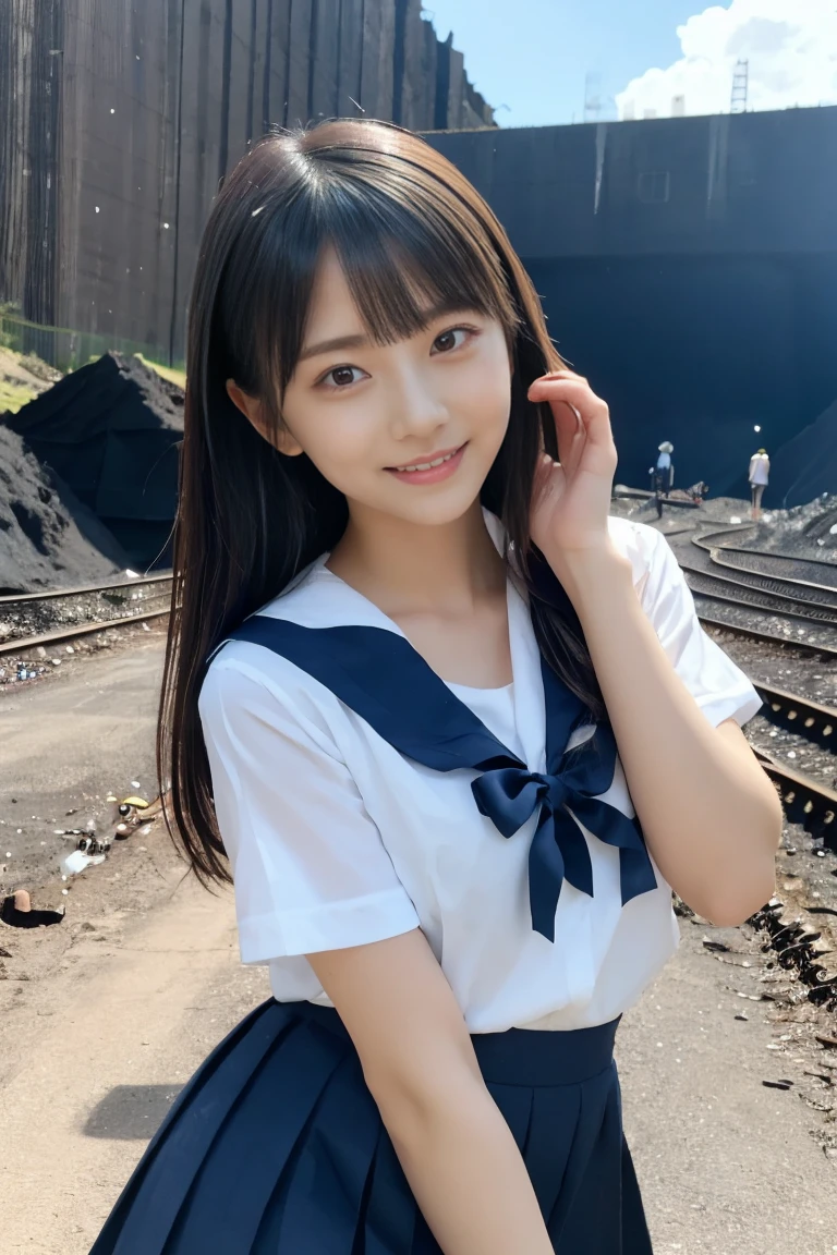 (masterpiece,  top quality :1.2),  One girl , Alone, cute, ( super cute idol-like face :1.2)、 beautiful Japanese girls、18 years old,  double eyelid big eyes , ( sailor suit,   navy blue pleated skirt:1.2), smile,  Highly Detailed Face と肌の質感、Sophistication、 Highly Detailed Face 、 beautiful girl 、 black hair,  medium hair、With bangs、 cute girl 、最高級の beautiful girl 、輝く瞳、 smile, , Model Diagram, (No lips  ,  no makeup in the coal mine:1.2), ( Upper body portrait )