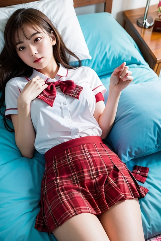 High school girls、red plaid uniform、Pretty short skirt、Sunlight、 bright 、 bed、 lying on your back 、 open legs、Thighs