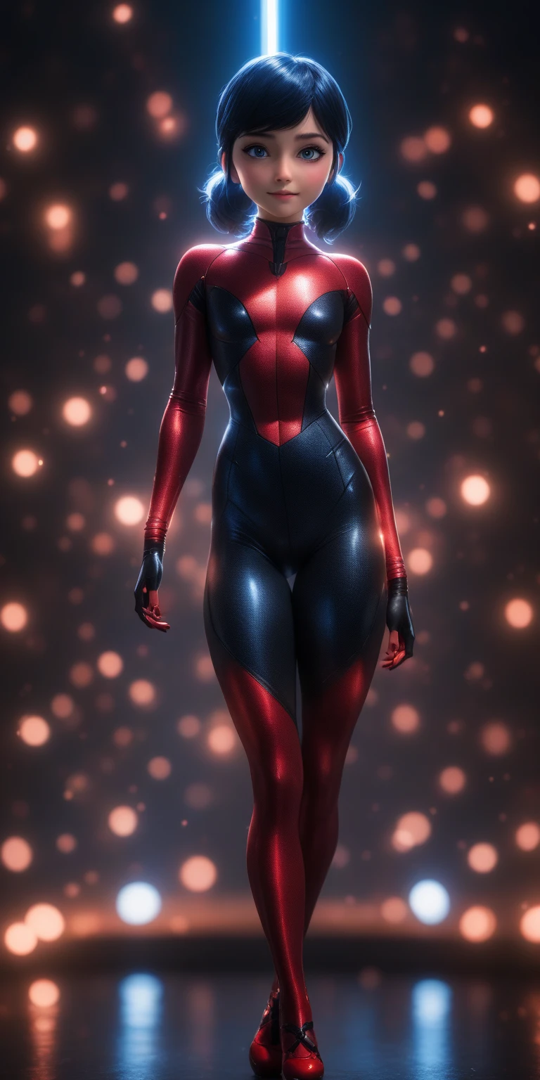 High detail RAW color, full body shot, Marinette Dupain-Cheng in (euphoria:1.0), dark makeup, (dramatic, mysterious, symmetrical background, lightshafts, dark:1.2), bokeh, shallow focus, f2, 85mm, (backlit:1.1), serious, moody, red ladybug chrome bodysuit, eos, skin_pores, 8k high definition, high detail eyes, highest quality, skin texture, masterpiece, best quality, 8k, cinematic lighting, (sharp focus:1.2), HDR, beauty, ultra-detailed, amazing,