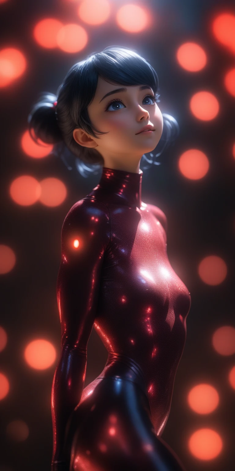 High detail RAW color, full body shot, Marinette Dupain-Cheng in (euphoria:1.0), dark makeup, (dramatic, mysterious, symmetrical background, lightshafts, dark:1.2), bokeh, shallow focus, f2, 85mm, (backlit:1.1), serious, moody, red ladybug chrome bodysuit, eos, skin_pores, 8k high definition, high detail eyes, highest quality, skin texture, masterpiece, best quality, 8k, cinematic lighting, (sharp focus:1.2), HDR, beauty, ultra-detailed, amazing,