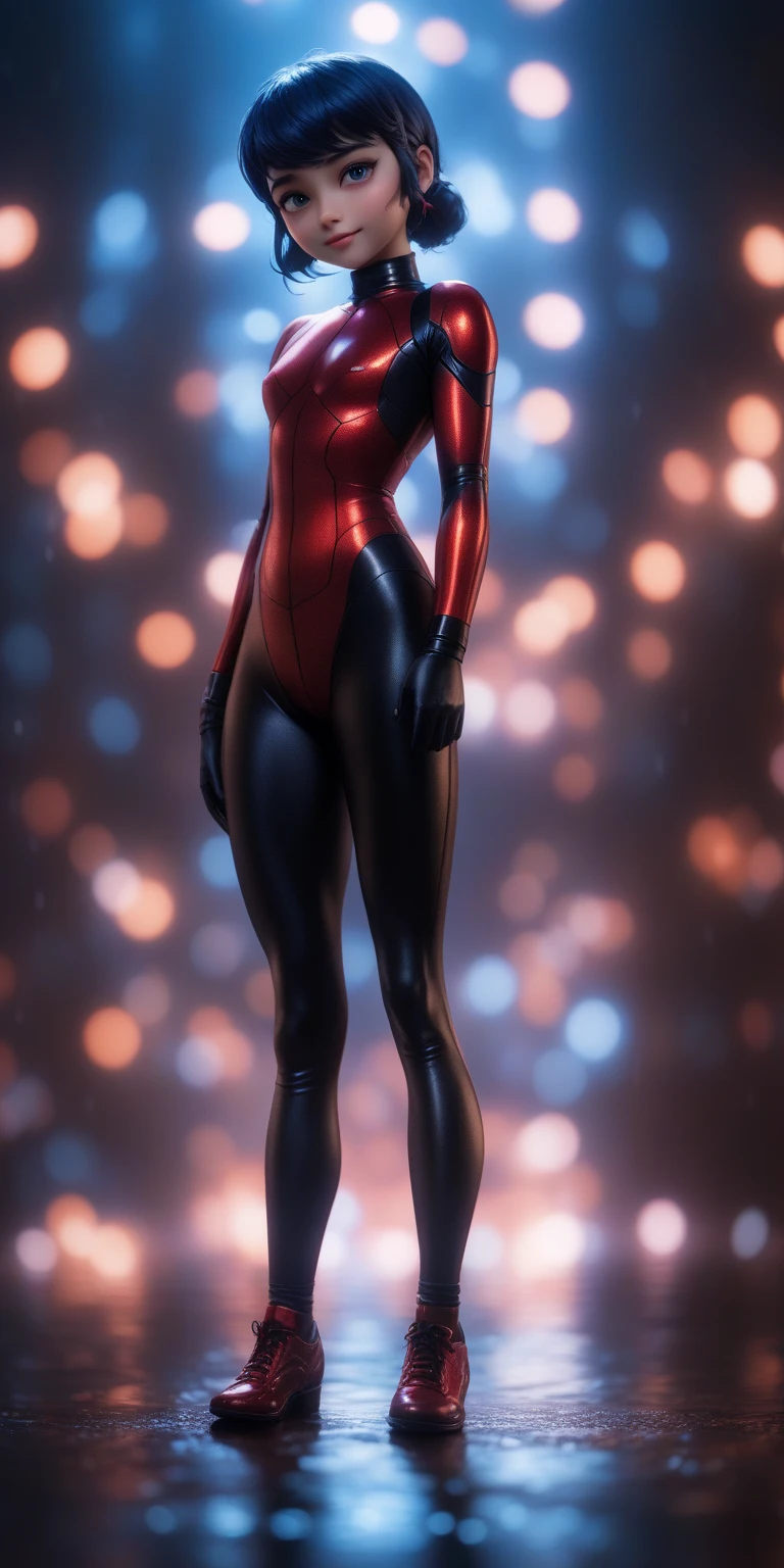 High detail RAW color, full body shot, Marinette Dupain-Cheng in (euphoria:1.0), dark makeup, (dramatic, mysterious, symmetrical background, lightshafts, dark:1.2), bokeh, shallow focus, f2, 85mm, (backlit:1.1), serious, moody, red ladybug chrome bodysuit, eos, skin_pores, 8k high definition, high detail eyes, highest quality, skin texture, masterpiece, best quality, 8k, cinematic lighting, (sharp focus:1.2), HDR, beauty, ultra-detailed, amazing,