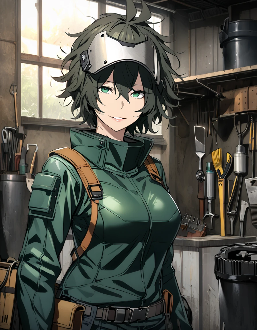 mature, looking at viewer, female, garage background, messy hair, short hair, parted lips, hair between eyes, ahoge, smile, standing, green eyes, body suit, belt with tools, raised welding mask