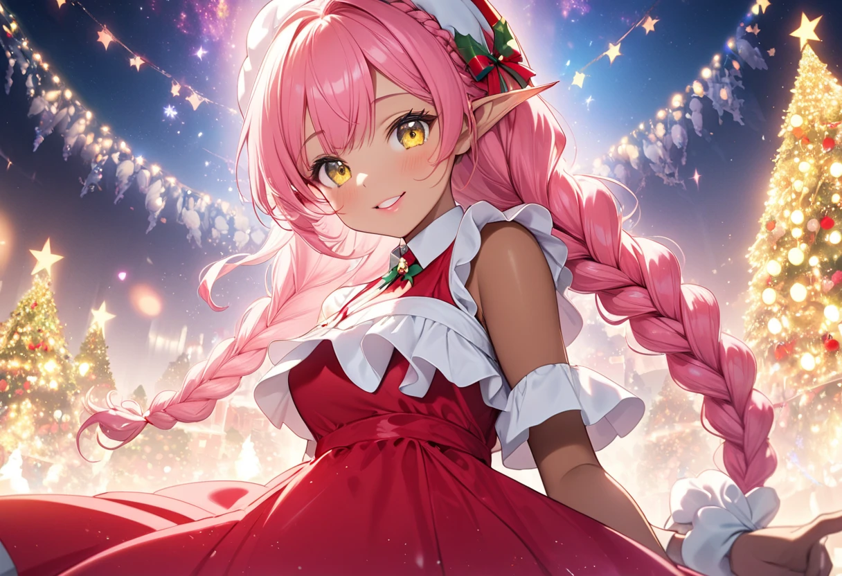 (masterpiece, best quality, highres), 1girl, solo, abstract, pov, seiza,
BREAK
dark background, depth of field, rim lighting, flowers, petals,
crystals, cave, butterfly, vegetation, aura, magic, christmas,
BREAK
pink hair, aqua eyes, ponytail, smile, blush, santa costume, santa hat, looking at viewer,
