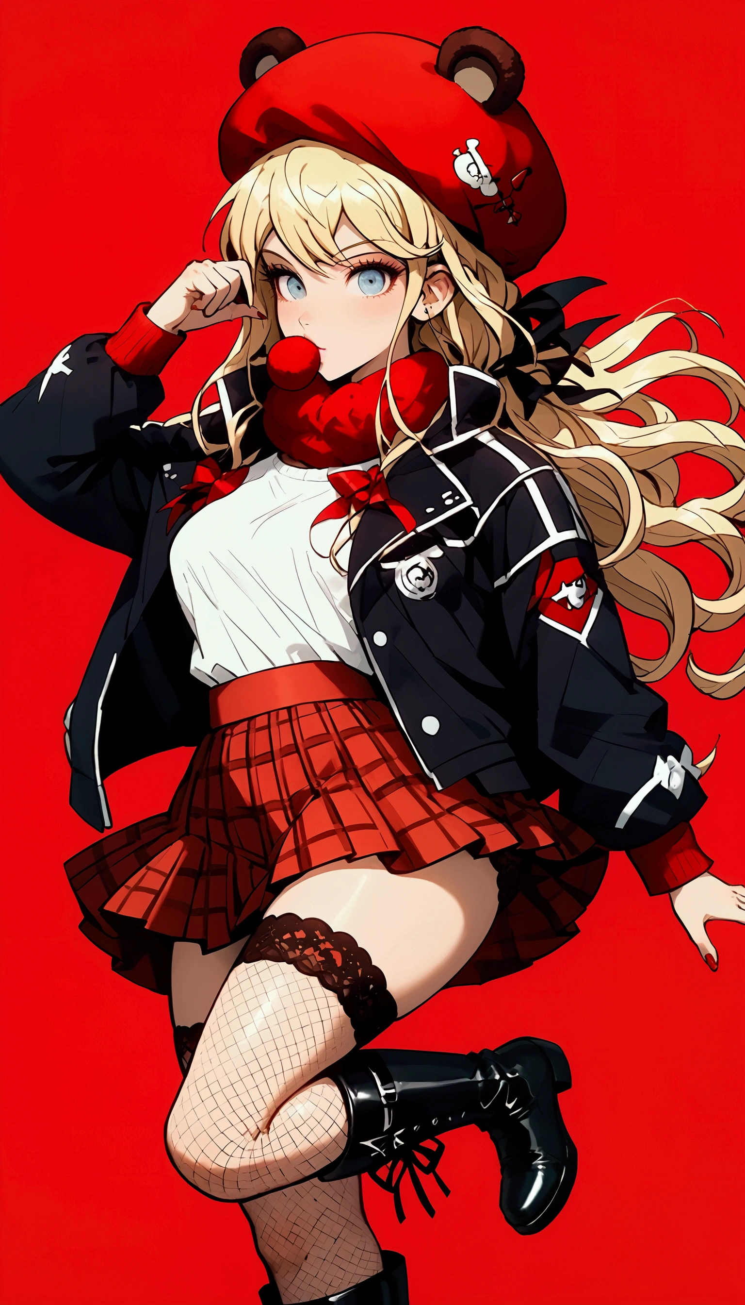  anime girl with a giant teddy bear behind in the background,  she is half profile ,  red and black plaid miniskirt ,  three-quarter fishnet stockings , long black boots,  white sweatshirt with red letters , blonde hair blowing in the wind, red wool hat ,  red and black jacket falling on her shoulders , Cyan background ,  an anime drawing of Masamune Shirow  , Sensual dynamic pose, trend on pixiv, Furry art, Danganronpa digital art,  anime style , anime style”,  blonde anime girl with long hair ,  High quality anime art style ,  ranked among the best in pixiv , beautiful anime high school girl, obra de arte de  anime style ,  trending anime illustration 