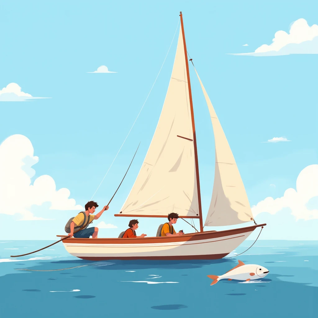  Overview of 3 young people catching a big fish, They are on a cream-colored sailboat ,  with a red stripe on the top of the bow, Sunny day, calm sea, alta definición
