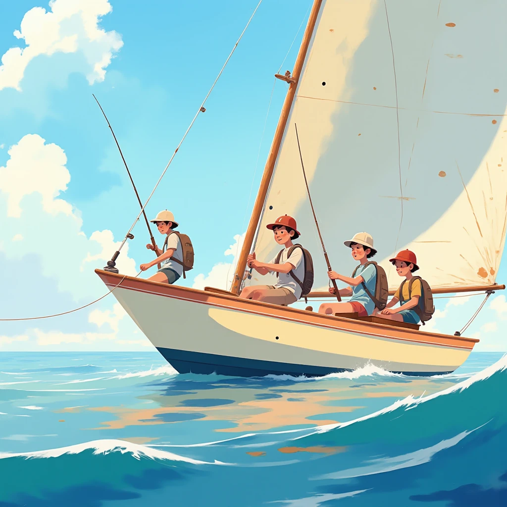 General plan of 3 young people fishing for a large sailfish, They are on a cream-colored sailboat ,  with a red stripe on the top of the bow, Sunny day, calm sea, alta definición
