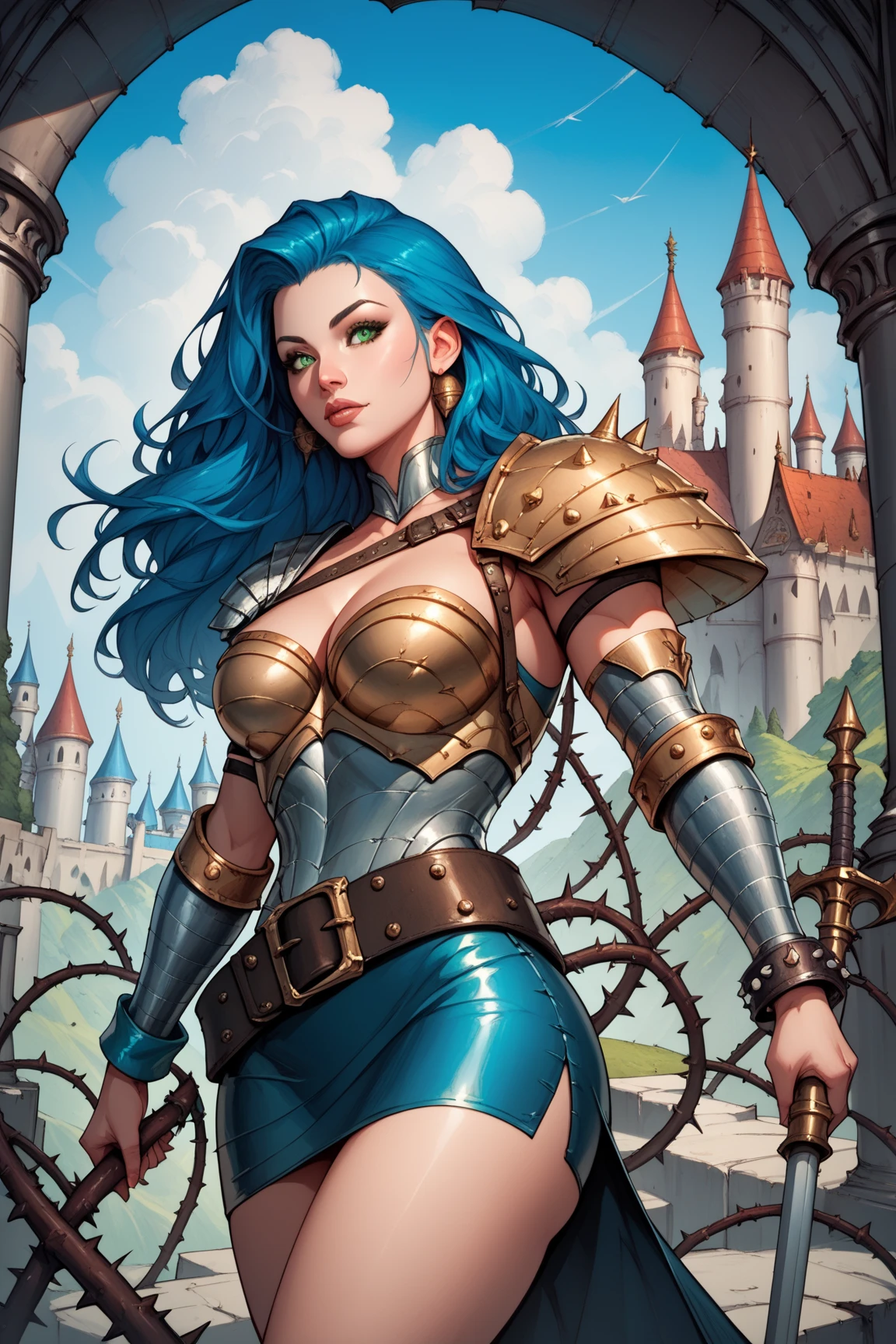 a blue haired warrior
sensual body, silver breastplate, abdomen, pale skin, green eyes, long eyes, short leather skirt, thorn boots, thorny bracelets, individual shoulder pad, leather belt, wide belt, big chest, big ass, castle, island