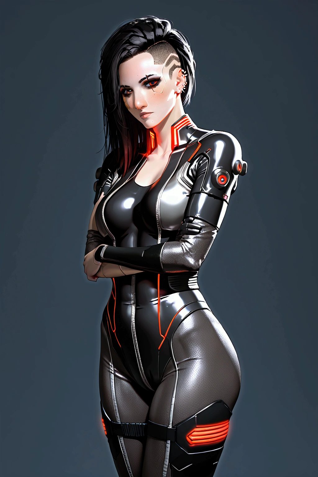 Cyberpunk, body suit, black and red, long hair, beautiful, 1 girl, punk, showing thighs, black hair, normal arms, face piercings, sexy pose