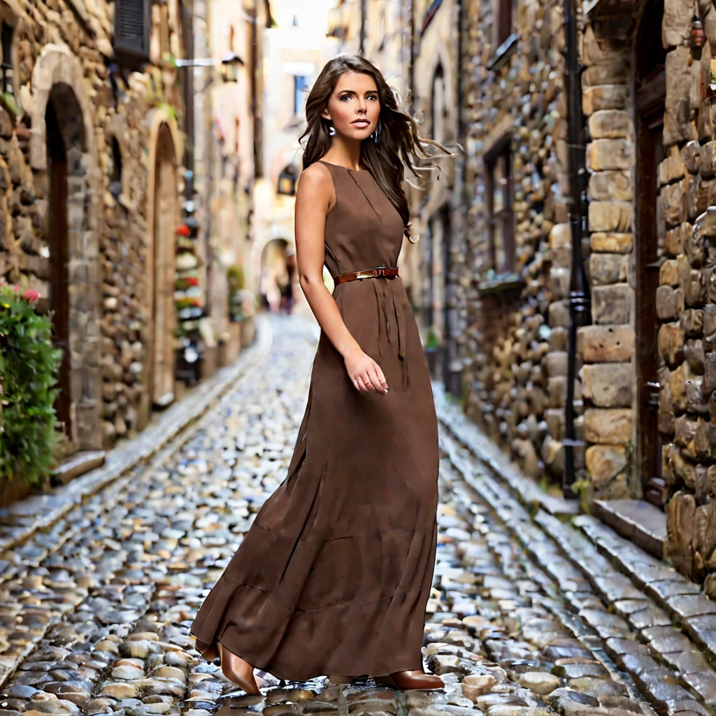 young brunette woman, standing on a narrow cobblestone street, wearing long brown dress, brown wedge high heels