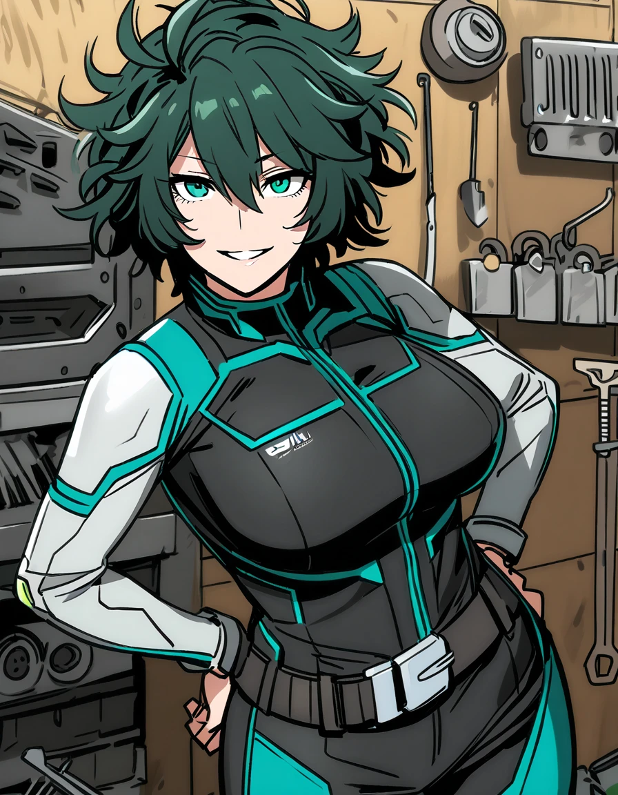 mature, looking at viewer, female, garage background, messy hair, short hair, parted lips, hair between eyes, ahoge, smile, standing, green eyes, body suit, belt with tools, welding mask on her hip, tall