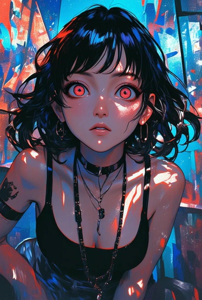 cool shading, 90's anime, flim grain, simple background, highly detailed Nami-Boruto sexy Girl character, expressive, big eyes, blue college wall, dot-stippling texture, pop art, art by Kinuko Y. Craft "grunge_highly_detailed_ink_splash_chipped_peeling_cracked_course_colorful_saturated_textured_painting_demonic_bo_negative-digital_boring_background_plain_background" luminism, ultra highly detailed, 32 k, Fantastic Realism complex background, dynamic lighting, lights, digital painting, intricate