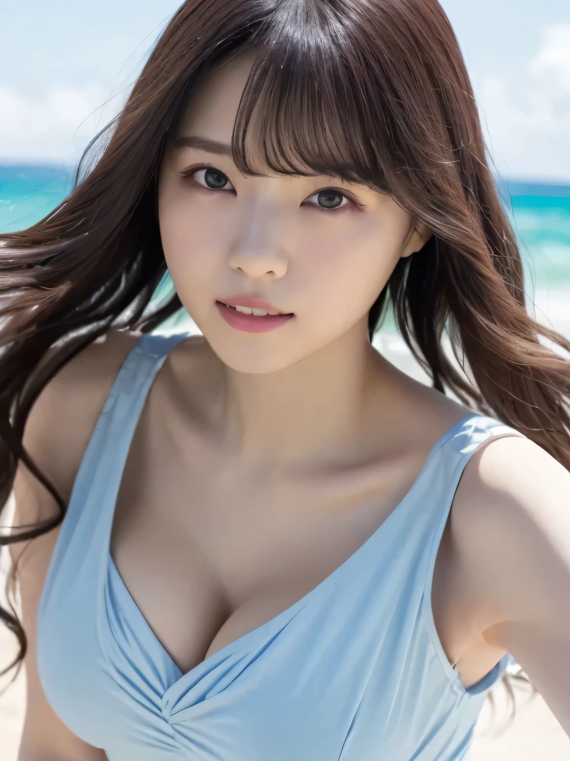   Masterpiece  、 top quality ,  super high res、8k，  dynamic, moving photos、 1 girl, ( Big Breasts ), deep cleavage、  bright ,  Blurry Background, ( asymmetrical bang、 very long wavy hair:1.5), （ tight dress with an open chest、Dark Tone）、Round face、Young Face、Natural Cosmetics 、 Embarrassing 、Summer sky、Summer Sea、Summer beach
