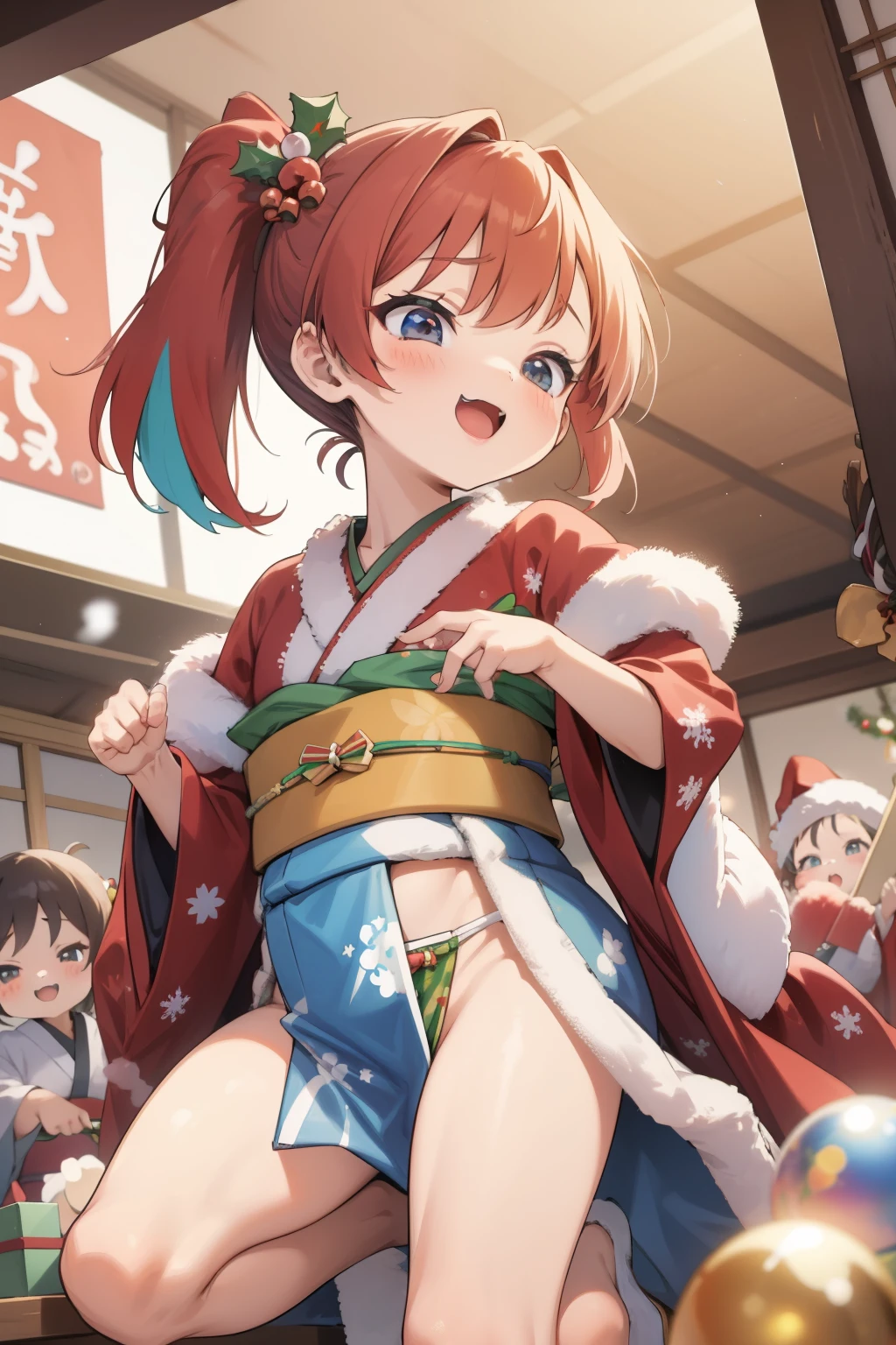 (  Japanese  )，  young girl，  Cute Loincloth  ， Japanese  festival，Cute kimono，I saw the world，Urine stains，( Side Pony,    colorful hair)，  Christmas， Christmasツリー，