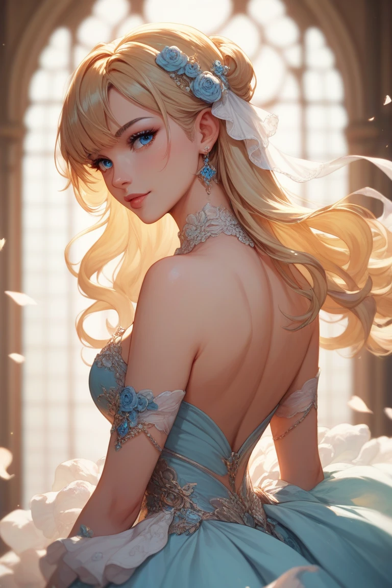 fantasy anime styled adult woman with blonde,back long straight hair without bangs and blue eyes wearing a detailed elegant pastel colored fantasy dress made of flowing fabrics