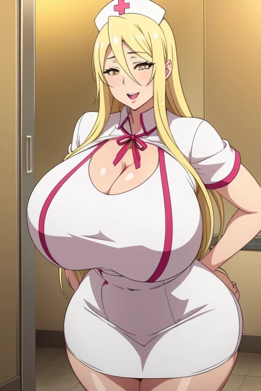 Marikawa Shizuoka, 1 girl, ((bimbo))), long blond hair, yellow eyes, puffy lips, thick lips, wide hips, thick thighs, huge ass, craving lust face , enormous huge natural breasts, mature mom, erotic smile face, shiny skin, open mouth, breasts squeezed together, White dress, nurse, School nurse,