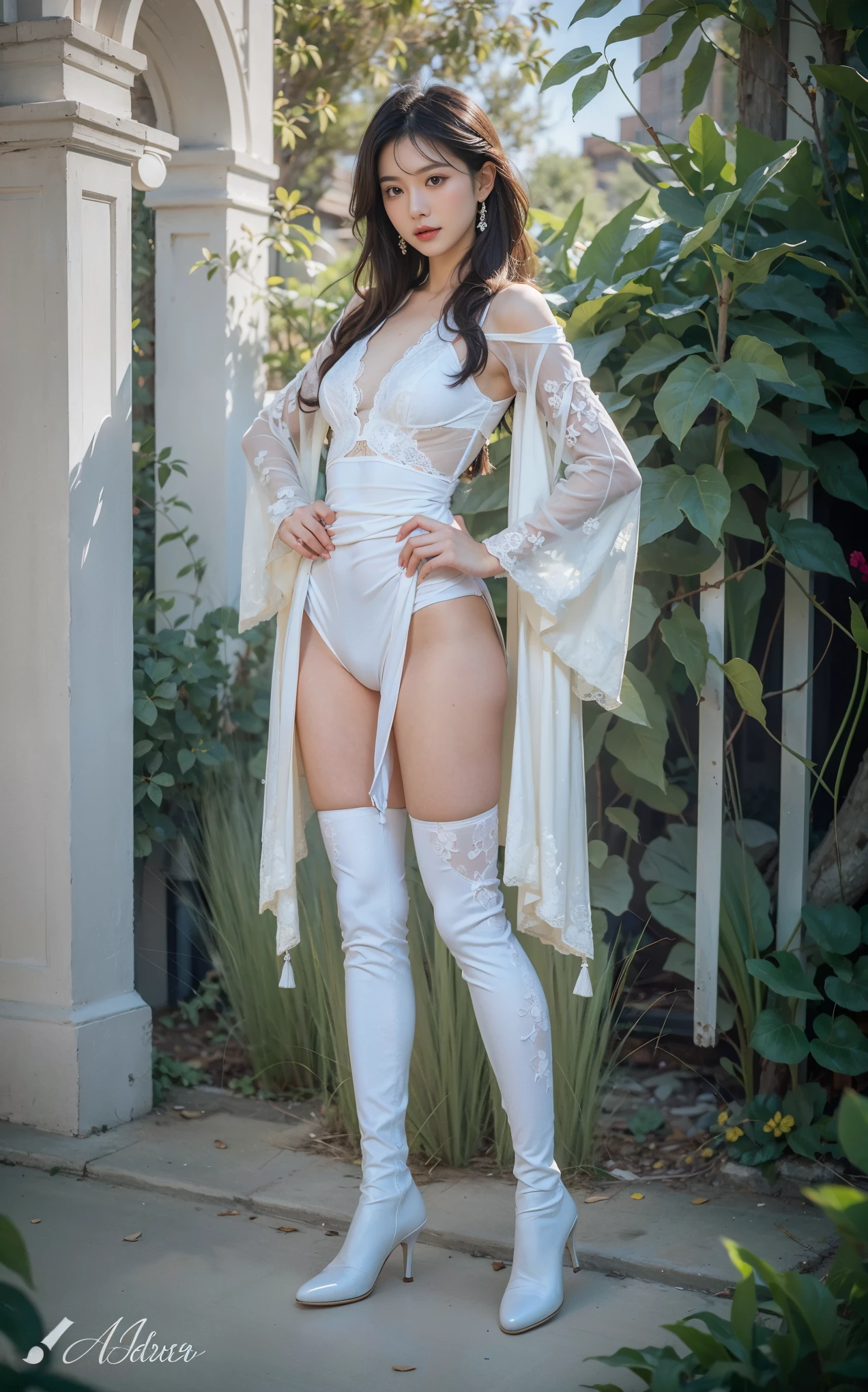(best quality, 8k, masterpiece, Ultra HD: 1.3), (K-pop idol: 1.4), 1 beautiful girl, (Large Breasts: 1.2), Chest gathering,(You can see the shape of the nipple:1.2),(Long hair), Abdominal muscles, Perfect body, Ultra-detailed face shape, Delicate lips, Fair, Skin is hydrated, sweaty skin, Wavy Blonde, Silver Light Hair , super fine hand, Thin fingers, side splits,(White see-through bikini:1.4), White(White), (Large Breasts), ()), (Glasses), ((detailedpantyhose)),detailed, at the seaside, seaside, Beach, Sexy Girls, transparent, Seductive smile, ((Look into her eyes、see below)),Stay focused,Love in the eyes,Provocative expressions,Long legs, detailedlegs, Thin legs, (One-leg stand:1.2), (stand and spread your legs:1.3),,Exposing the crotch,(Bikinis fit tightly around the genitals and buttocks:1.3), (Camel toe:1.3),((Complete anatomy:1.4)),(Look at her slim figure:1.3),((Sexy pose))), (Camel toe), (half), Looking up:1.3