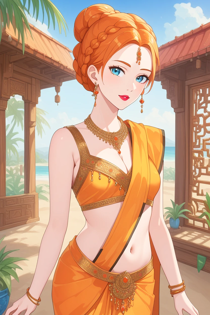 summer.smith, orange hair, 1girl, braid,bun, eyeshadow,lipstick,bindi, saree,,score_9, score_8_up, score_7_up, score_6_up, score_5_up, score_4_up, looking at viewer,cleavage, posing seductively, cowboy shot, bindi