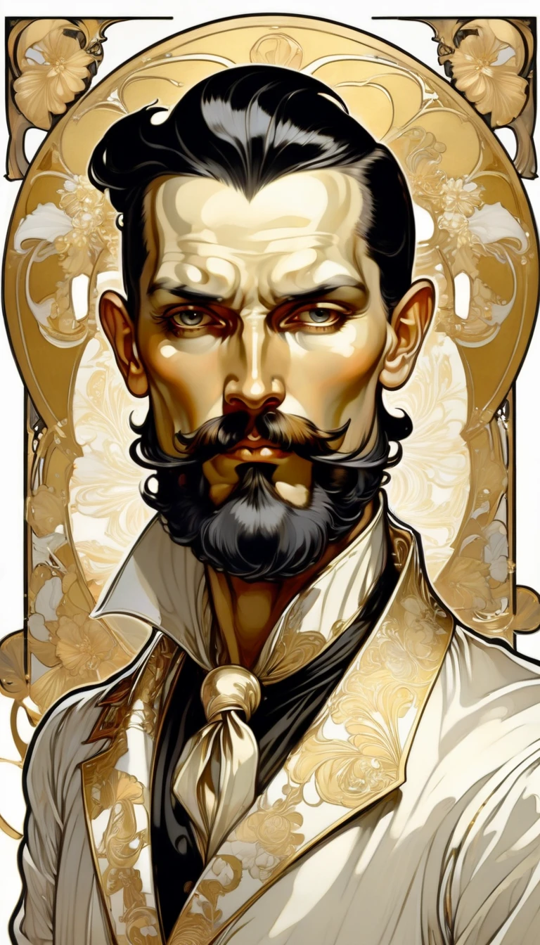 ccxl-mucha, Art style, gold and wite, retrato,elegant,A rude man with short slicked back black hair, elegant portrait,Blackbeard,
