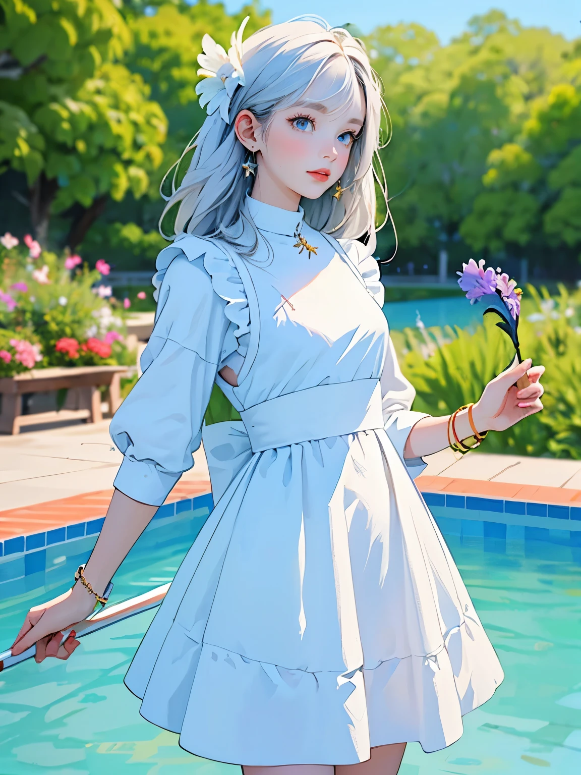 masterpiece:1.2, top quality , 16k,  super real :1.37,  beautiful details, cute girl, standing stylish sun shade formal  has  with ribbon and vibrant colors Iris  Ornaments s, 前hairを通して, long  eyelash , sparkling eye, Glossy lips,  smiles gently, Beautiful and delicate( has ,  Ornaments , hair, face,  eyelash , eye, student, lips, hand, white dress,  anklet with a large cane), garden(flower, Iris,  butterfly , Pool)