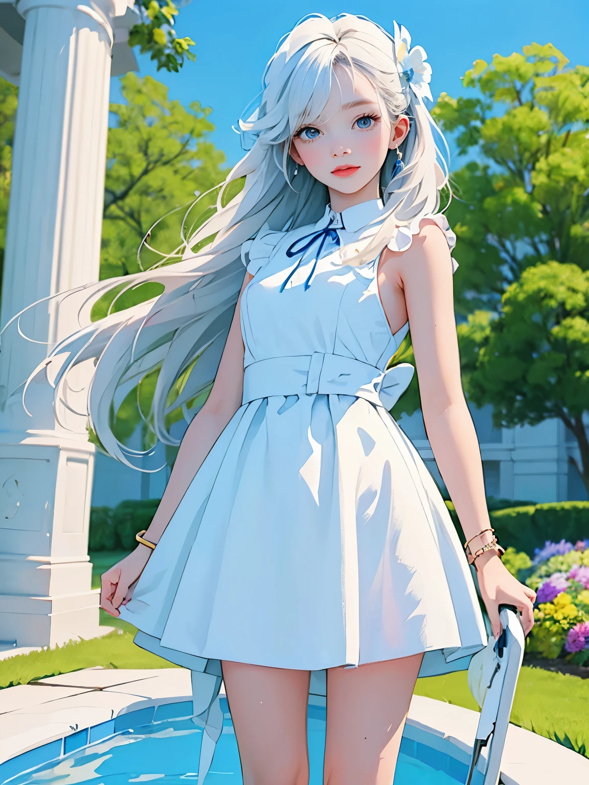 masterpiece:1.2, top quality , 16k,  super real :1.37,  beautiful details, cute girl, standing stylish sun shade formal  has  with ribbon and vibrant colors Iris  Ornaments s, 前hairを通して, long  eyelash , sparkling eye, Glossy lips,  smiles gently, Beautiful and delicate( has ,  Ornaments , hair, face,  eyelash , eye, student, lips, hand, white dress,  anklet with a large cane), garden(flower, Iris,  butterfly , Pool)