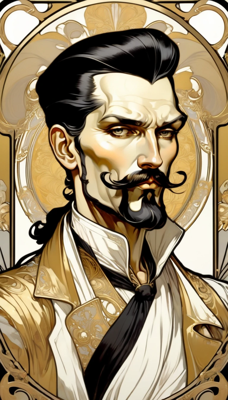 ccxl-mucha, Art style, gold and wite, retrato,elegant,A rude man with short slicked back black hair, elegant portrait,Blackbeard,
