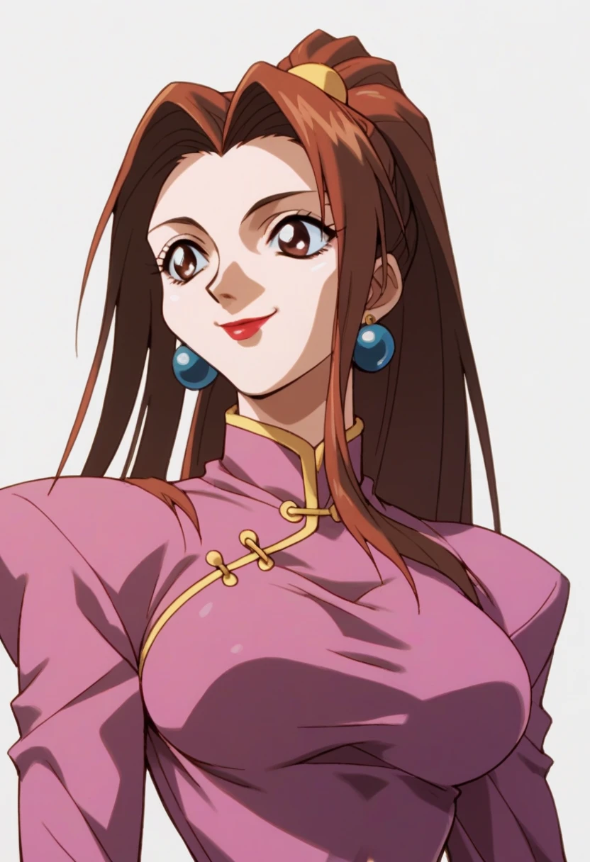 score_9, score_8_ up, score_7_ up, score_6_ up, score_5_ up, score_4_ up, break,
1990s \( style for stilets\),
Maishiraui ,  One girl , Brown Hair,   long hair,  ponytail,  lipstick, make up,  earrings for women with first name,
 China Dress, Chinese clothing,  Big Breasts ,
 upper body, smile,  Watch viewers, Alone,  simple background, White background  