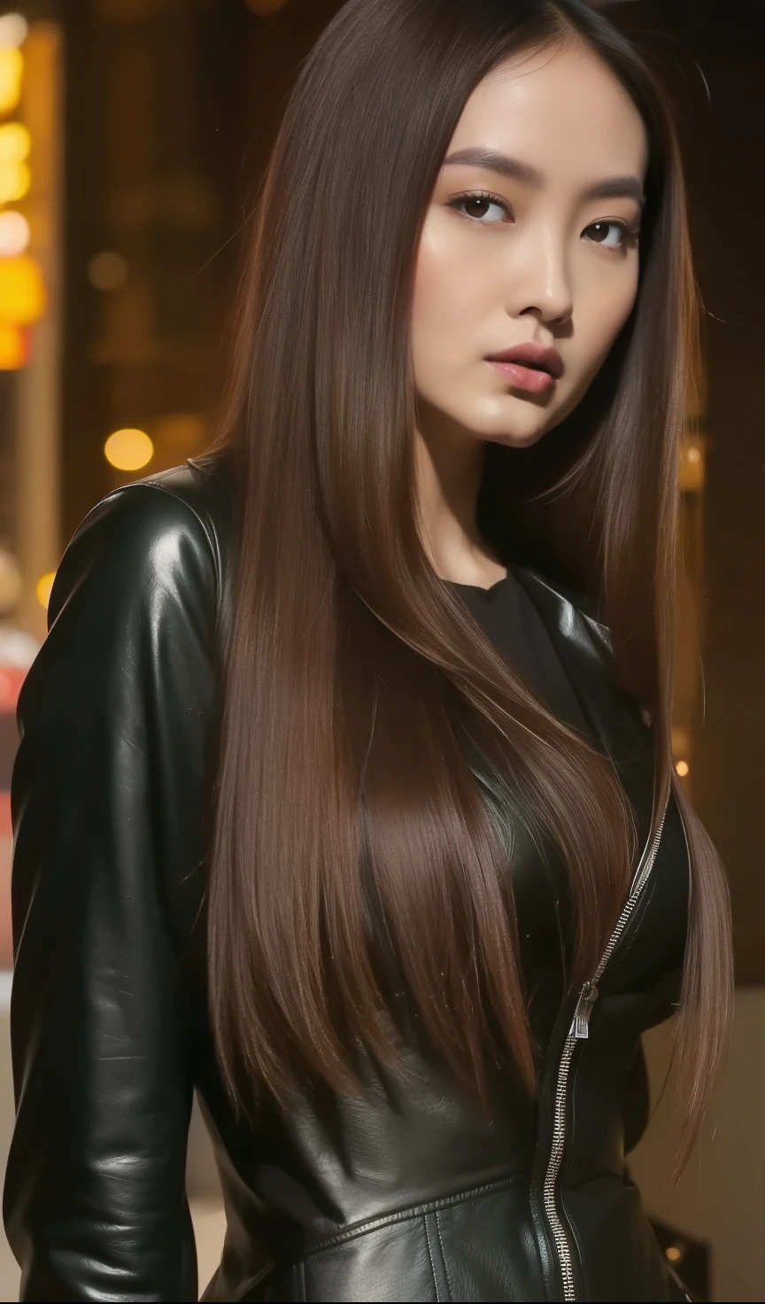 A beautiful young Indonesian girl actress with long black hair, smoothing hair straight,  face beautiful, glow face, diamond face model, detailed eyes, big breasts, ((long jacket)), sexy body, slim body, slim body, standing body, sexy hips, wide hips, (((sexy leg))), standing body, night background, detailed facial features, photorealistic portrait, cinematic lighting, hyper realistic, digital art, ultra high resolution, masterpiece