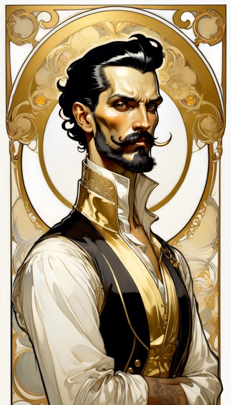 ccxl-mucha, Art style, gold and wite, retrato,elegant,A rude  LATIN man with short slicked back black hair, elegant portrait,Blackbeard,
