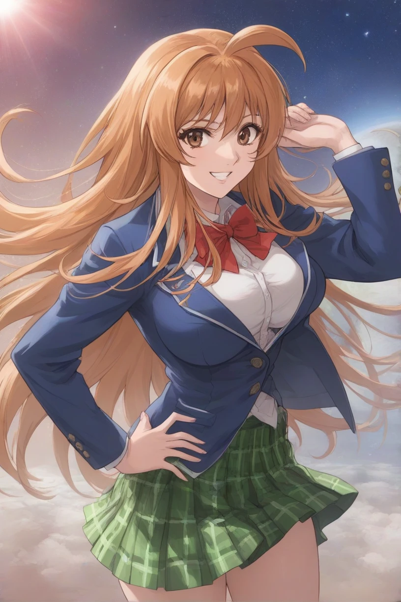 best quality,masterpiece,looking at viewer,absurdres,1girl,score_9,score_8_up,score_7_up,source_anime BREAK natsume aya,orange hair,long hair,brown eyes,ahoge,breasts,white ,skirt,bow,plaid,large breasts,jacket, plaid, green plaid skirt, blue blazer, evil smile, standing in space, stars, planets, hands on her hips, skulls
