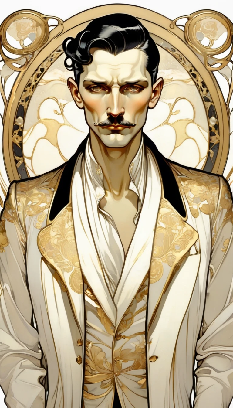 ccxl-mucha, Art style, gold and wite, retrato,elegant,A rude man with short slicked back black hair, elegant portrait,(NO MUSTACH)
