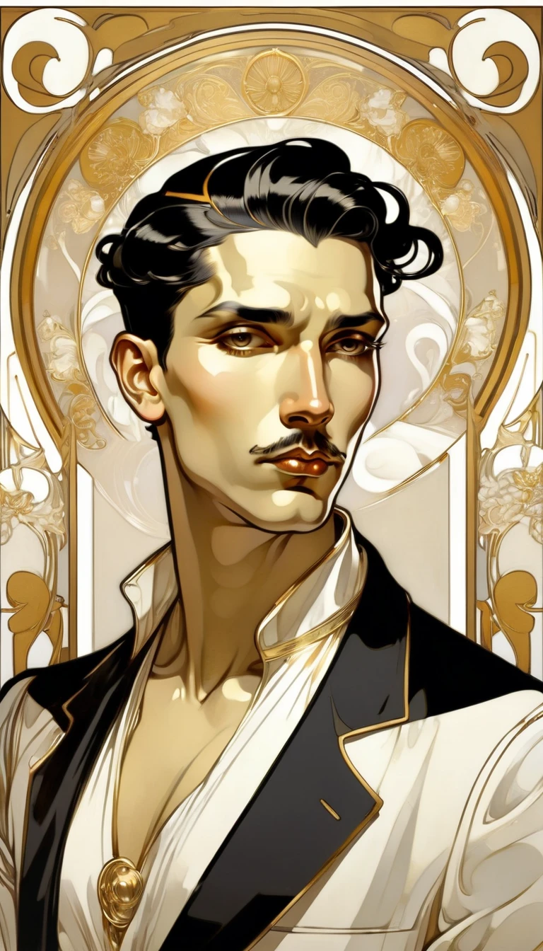 ccxl-mucha, Art style, gold and wite, retrato,elegant,A rude YOUNGE LATINman with short slicked back black hair, elegant portrait,
