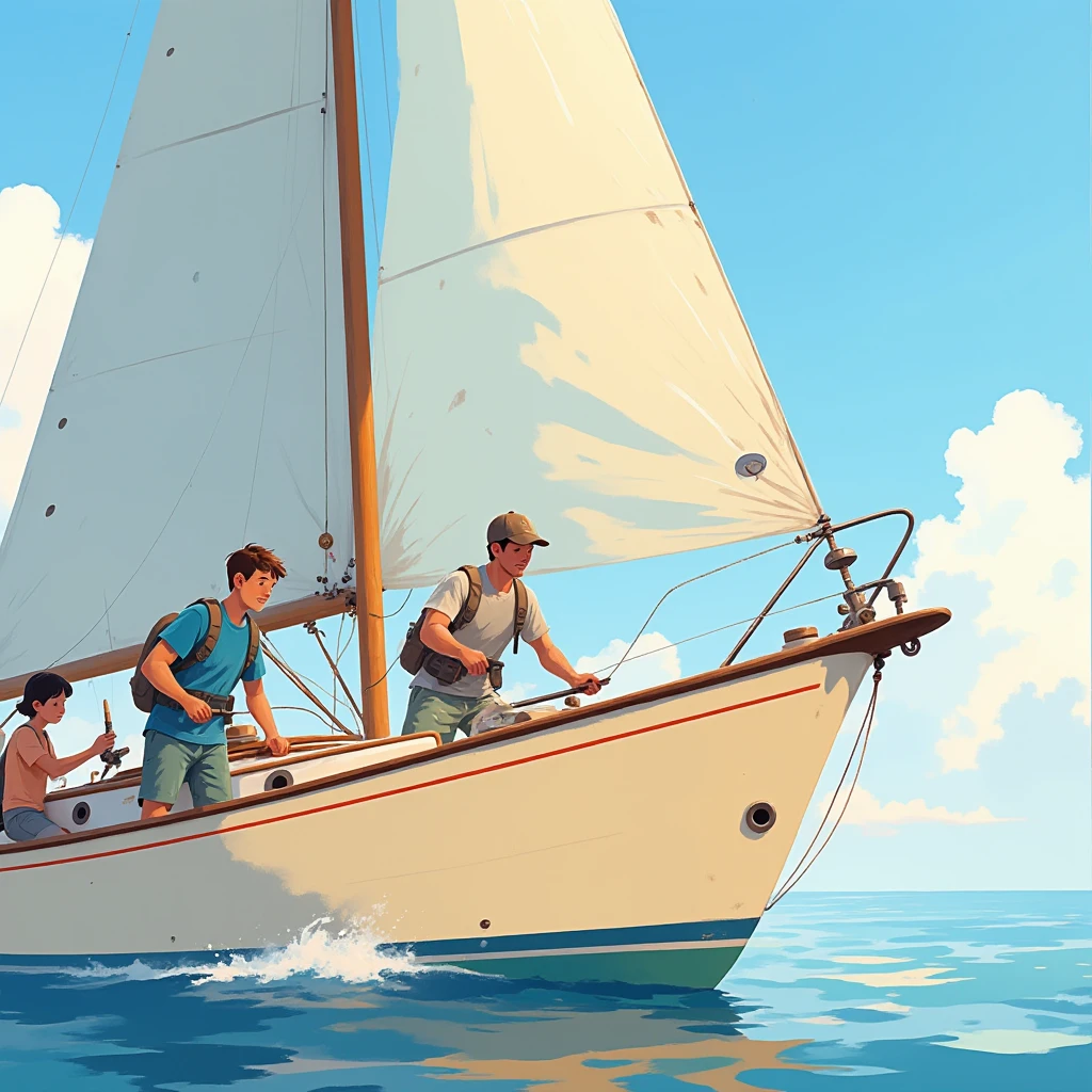 General plan of 3 young people fishing for a large sailfish, They are on a cream-colored sailboat ,  with a red stripe on the top of the bow, Sunny day, calm sea, alta definición
