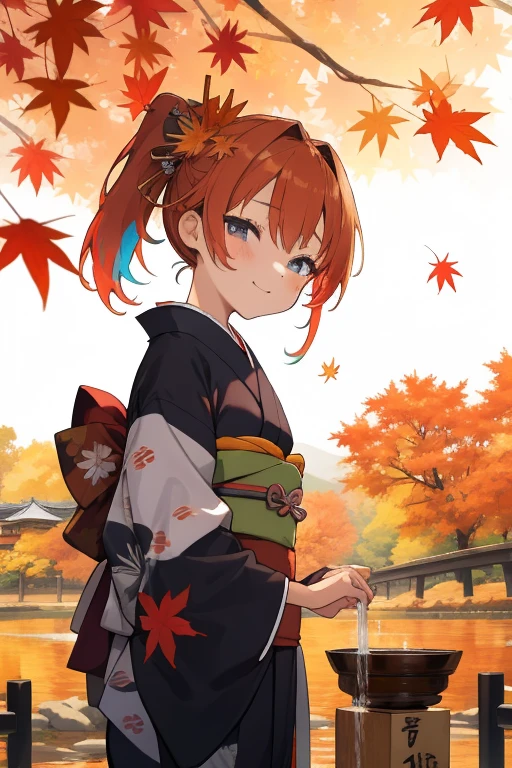 (   japanese girl)，  Lowcross ，Japanese Autumn Festivals，Cute kimono，I saw the world，Urine stains，  Autumn Leaves for Belts ，(  Side Pony,  colorful hair)，