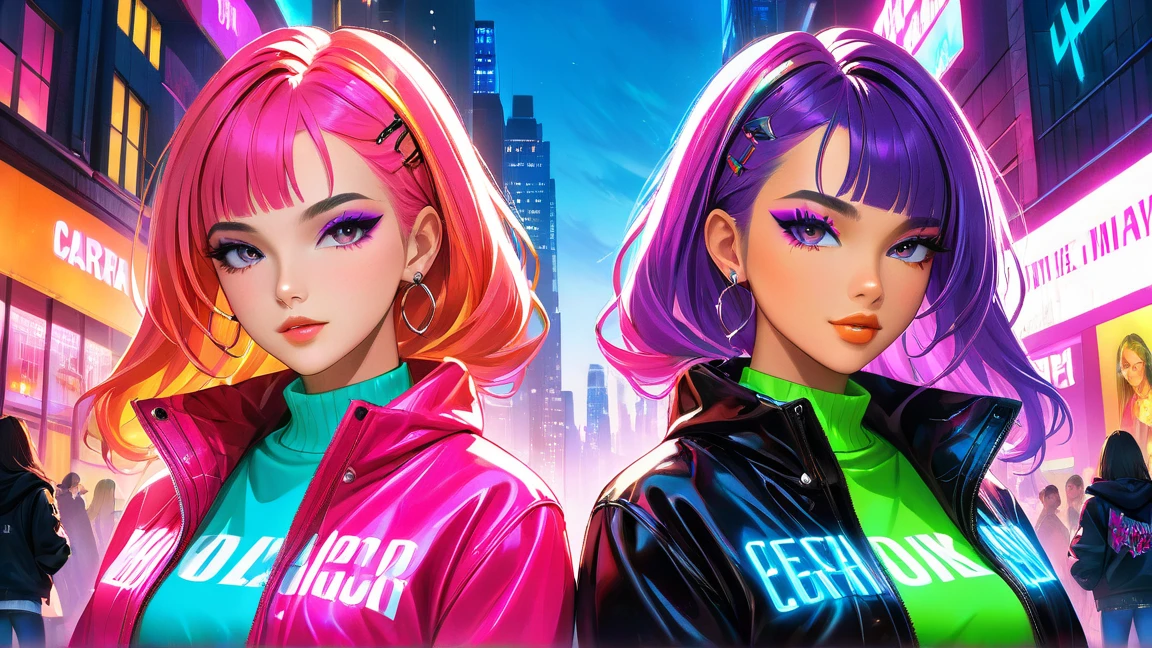 (Jessica Alba), 2girls, 2woman, 2 friends,  with pink and blue makeup and a pink and blue jacket, brown girl in a cosmic dress, cartoon look, ava max, large eyes, lisa frank style, long brown hair and large eyes, ahegao face, alexa grace, wearing atompunk jumpsuit, inspired by Lisa Frank, perfect ass wearing a colorful G-String, nice underwear Back view, captured from behind, G-string, see booty
