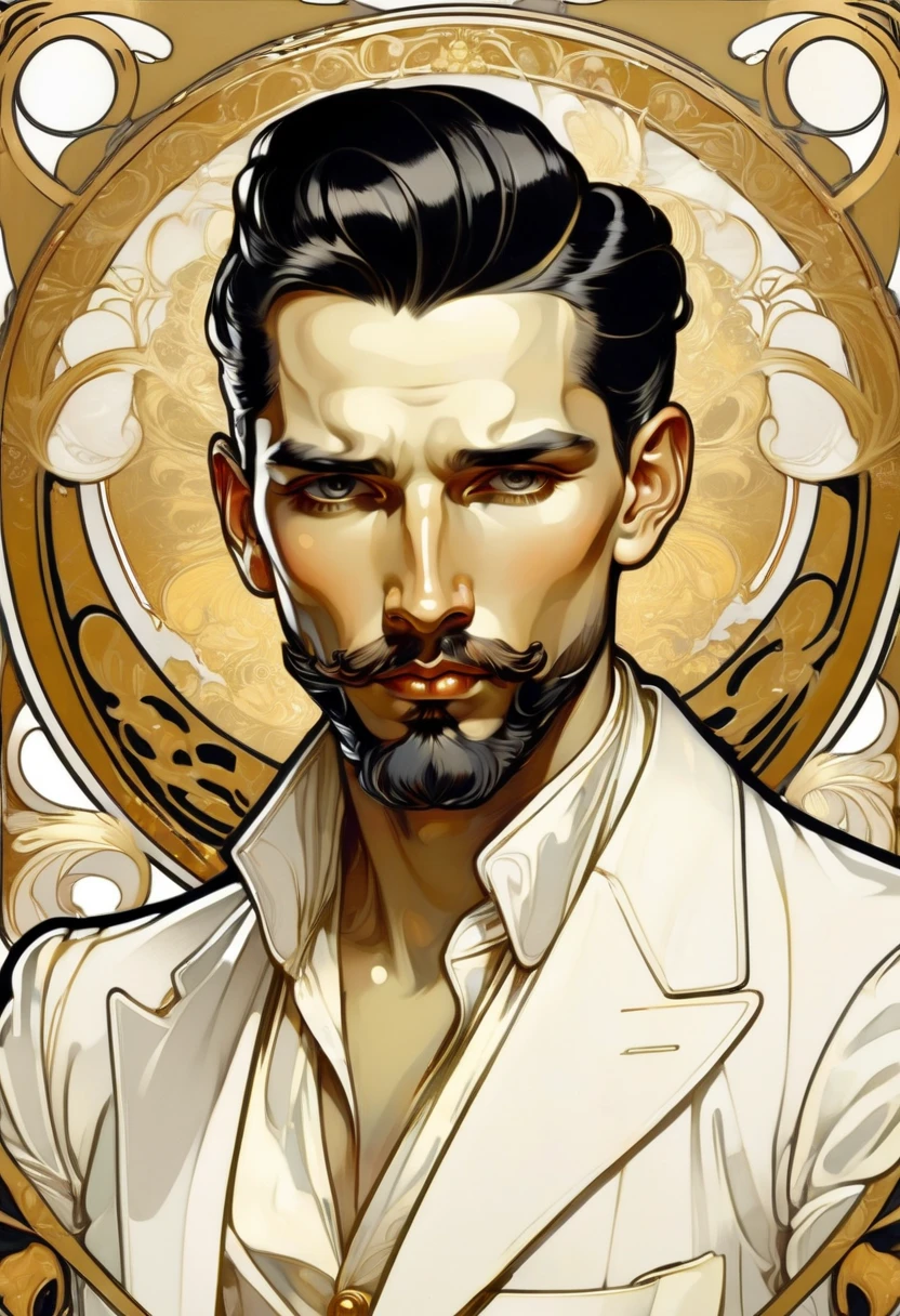 ccxl-mucha, Art style, gold and wite, retrato,elegant,A rude YOUNGE LATINman with short slicked back black hair, elegant portrait,BEARD