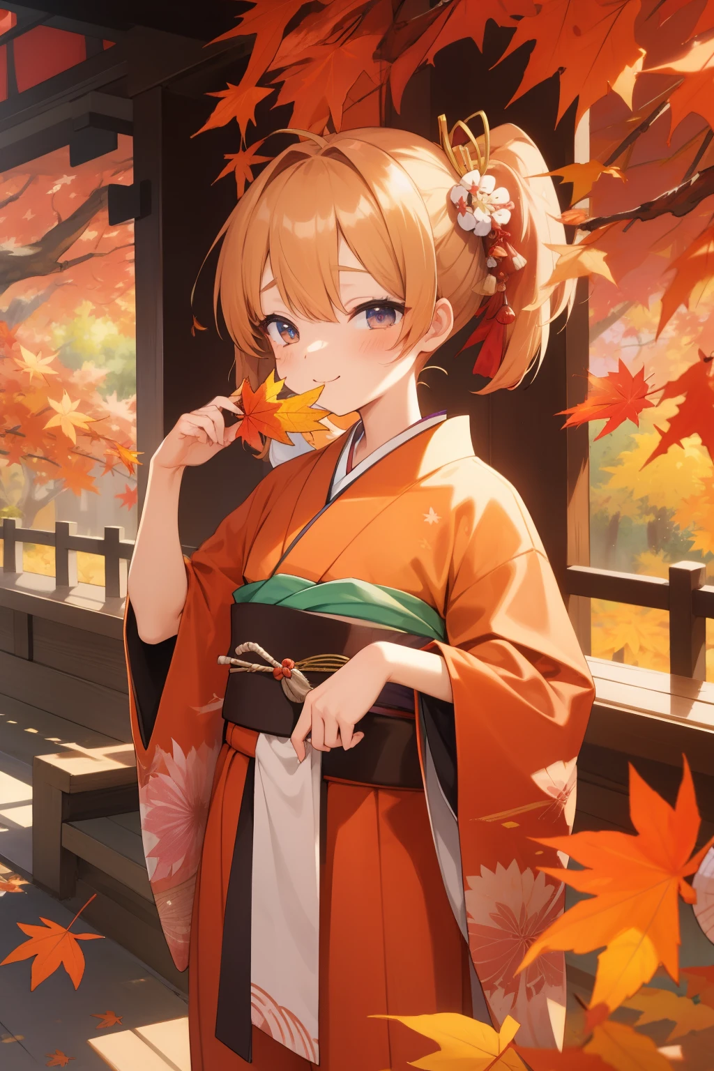 (   japanese girl)，  Lowcross ，Japanese Autumn Festivals，Cute kimono，I saw the world，Urine stains，  Autumn Leaves for Belts ，(  Side Pony,  colorful hair)，