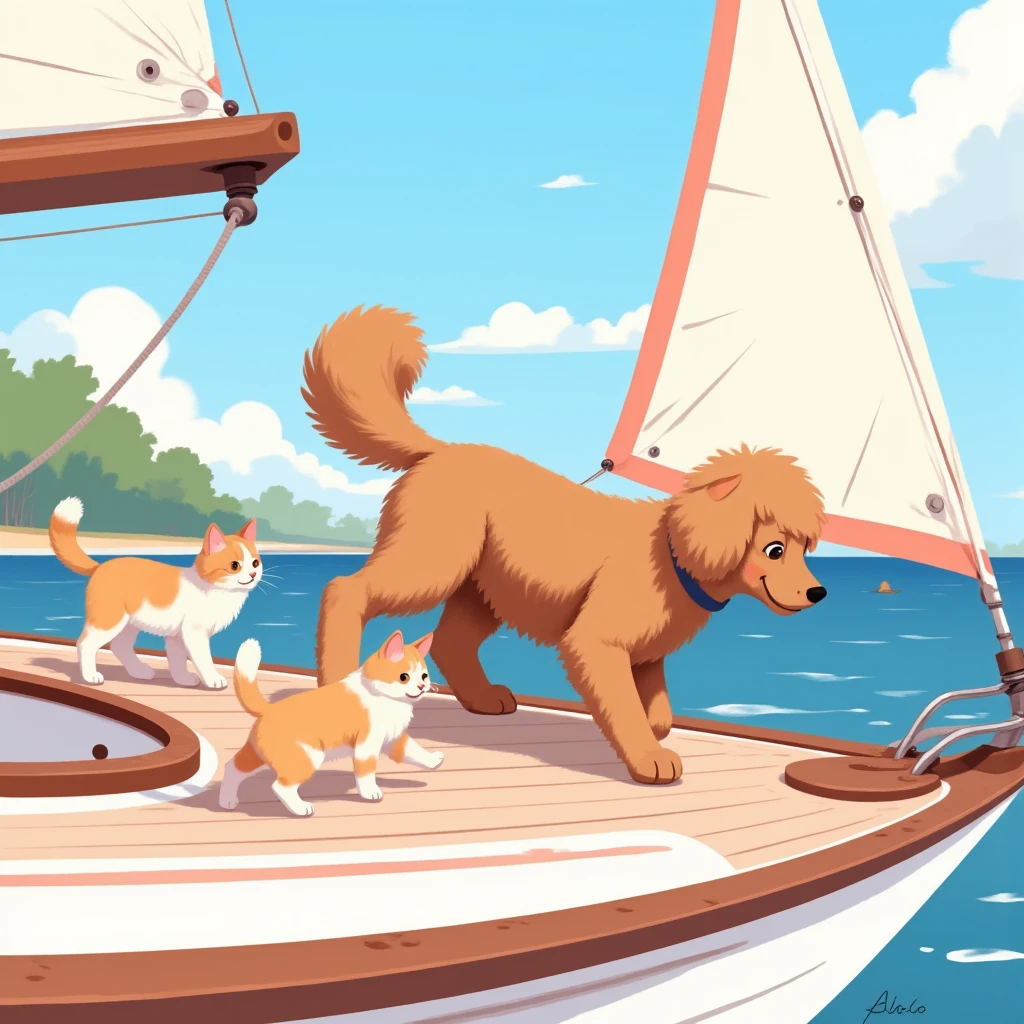 Flat detail of a brown poodle dog with white ,   two cats playing on the deck of a sailboat is cream-colored,  with a red stripe on the top of the bow, Sunny day, calm sea, alta definición
