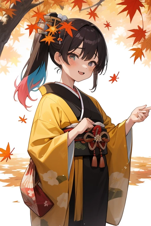 (   japanese girl)，  Lowcross ，Japanese Autumn Festivals，Cute kimono，I saw the world，Urine stains，  Autumn Leaves for Belts ，(  Side Pony,  colorful hair)，