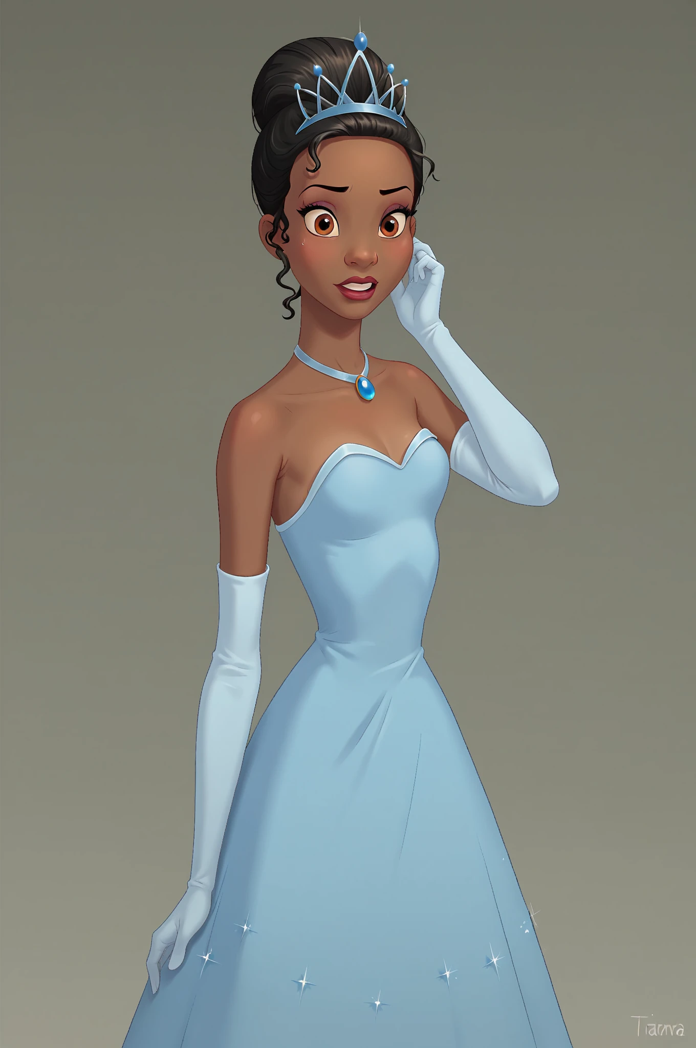 score_9, score_8_up, score_7_up, score_6_up, score_5_up, score_4_up, BREAK, 1girl, Tiana, Disney, dark skin, very dark skin, dark-skinned female, brown eyes, black hair, blue dress, elbow gloves, blue tiara, modeling pose inying on hyperpagents belly