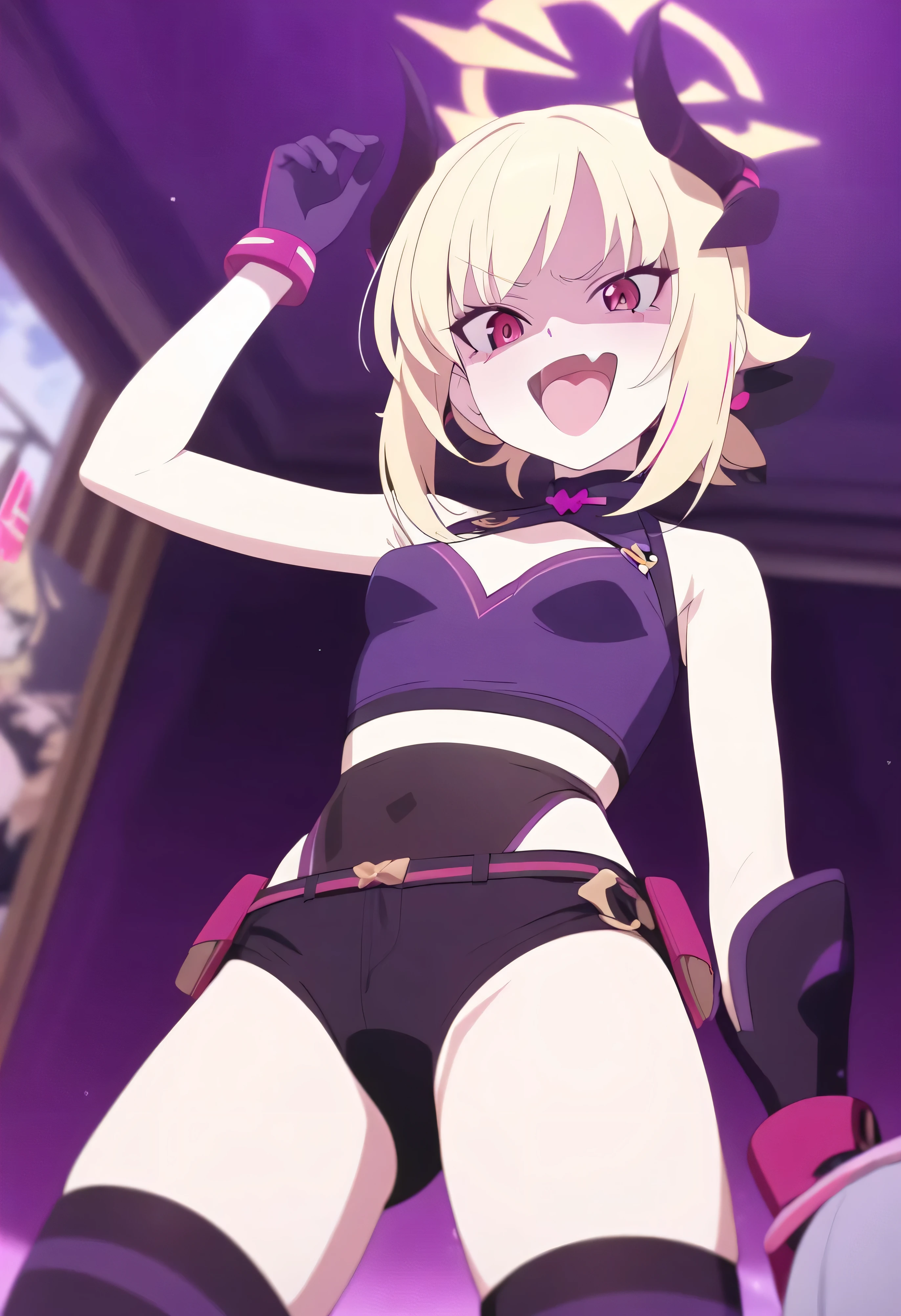 masterpiece, best quality, good quality, newest, CEL, AnFit, red eyes, blonde hair, purple crop top, 1girl, tongue out, black thighhighs, looking at viewer, purple gloves, cowboy shot, short shorts, black shorts, small breasts, highleg panties, hair ornament, purple background, underwear, hand up, panty straps, smile, cleavage cutout, simple background, open mouth, purple panties, two-tone background, pink gloves, sidelocks, outline1girl, blonde hair,masterpiece , best quality, , lookin under, ,, smile, purple brassiere, from below,evil laugh, small girl,small loli,beautiful body,villain pose,short hair,shaded face(eyes in shadow),1girl,violence,attack,