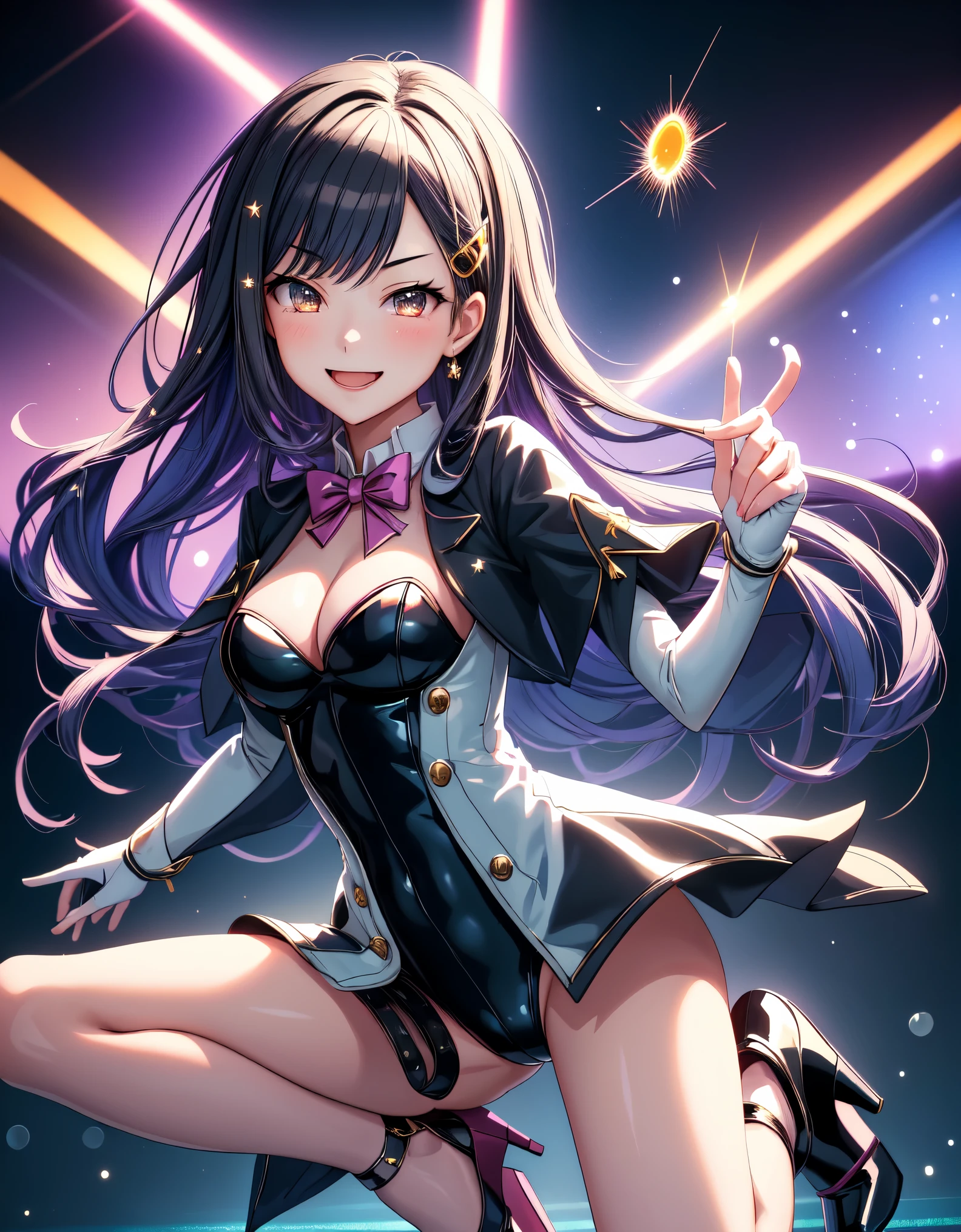 1girl, High Resolution, Solo, Shiraishi An as a magician,  tuxedo, leotard, bare legs, high heels, wrist gloves, smile, casting a spell, magic, looking at viewer, long hair, Depth Of Field, Diffraction Spikes, light particles, stage, warm lighting, color atmosphere