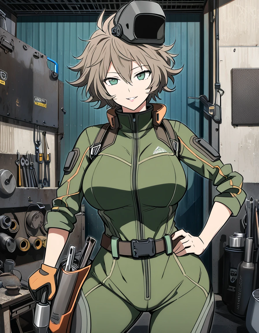 mature, looking at viewer, female, garage background, messy hair, short hair, parted lips, hair between eyes, ahoge, smile, standing, green eyes, body suit, belt with tools, welding mask on her hip, tall