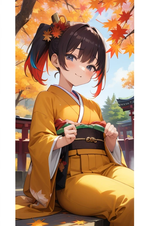 (   japanese girl)，  Lowcross ，Japanese Autumn Festivals，Cute kimono，I saw the world，Urine stains，  Autumn Leaves for Belts ，(  Side Pony,  colorful hair)，