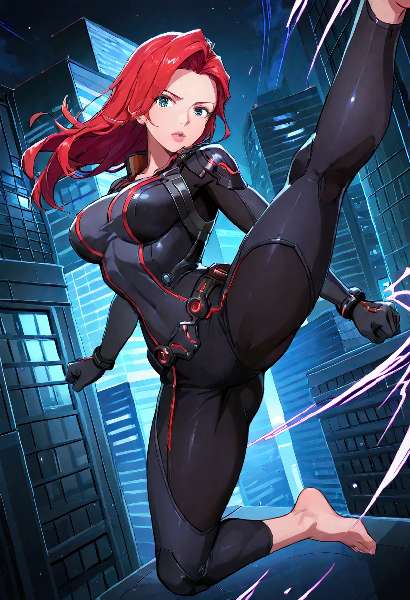 score_9, score_8_up, score_7_up, pov+ feet closeup+ , action lines, image ,solo, woman, nice eyes, kicking the viewer, barefoot, widowmarvelrivals++, widowredhair, scifi battlesuit, 1girl, weapon, solo, red hair, breasts, medium breasts, black bodysuit, lips, at city , dark theme, doing acrobatic moves, intricate details, (mature female) , curvy body, large breasts, thick thighs, thin waist, WidowMarvelRivals, Widowredhair, scifi battlesuit ,widowBig Gun