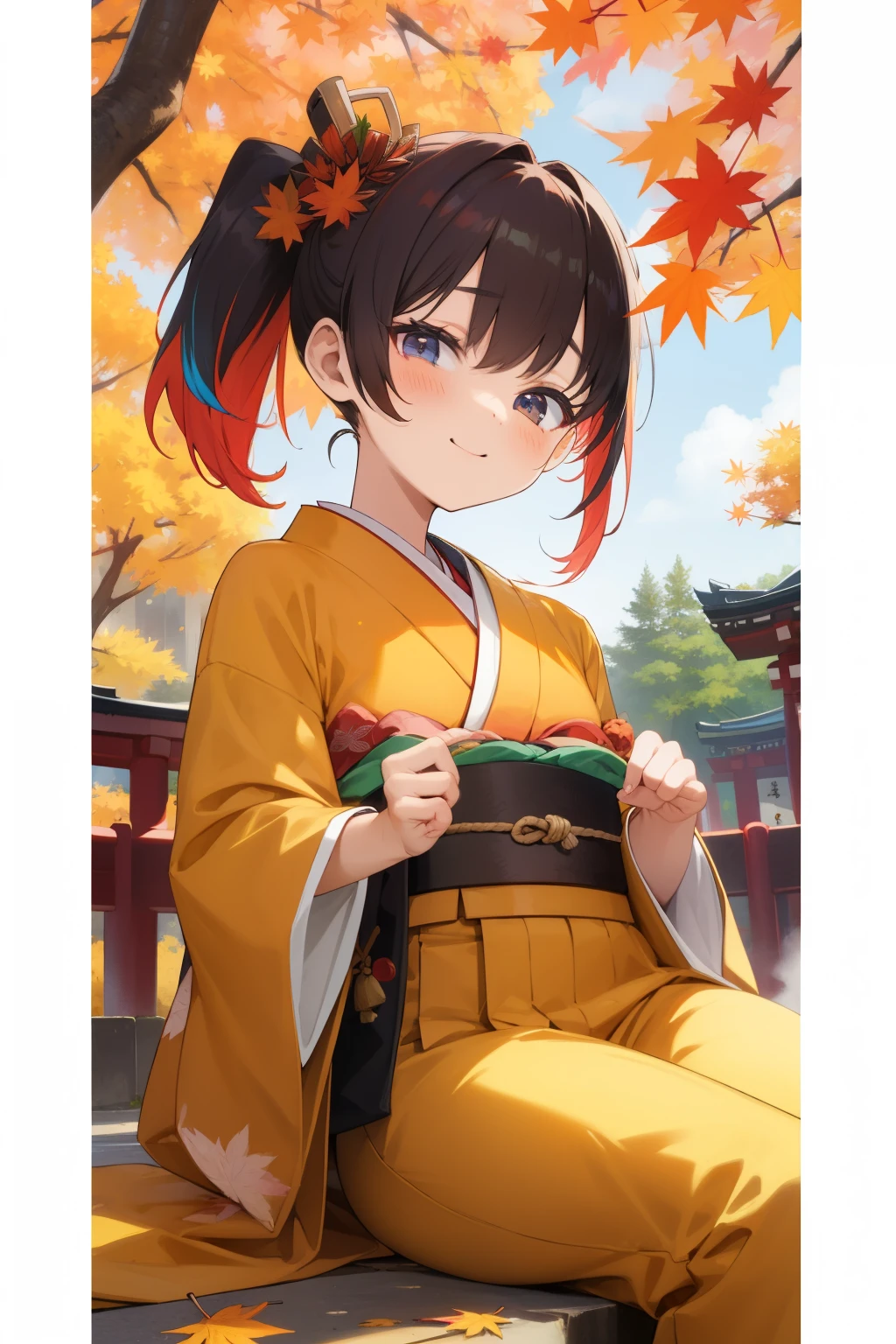 (   japanese girl)，  Lowcross ，Japanese Autumn Festivals，Cute kimono，I saw the world，Urine stains，  Autumn Leaves for Belts ，(  Side Pony,  colorful hair)，