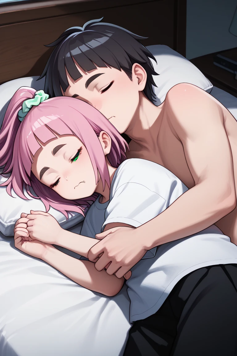  source_anime,
kiuiwatase, kiui watase, short hair, bangs, hair ornament, green eyes, pink hair, thick eyebrows, hair scrunchie, scrunchie, ponytail, blunt bangs,
skin fang, large breasts,            couple, lying together, 1girl, shorter arms,smaller, petite, holding him,1male, close to her, 1girl, 1boy, couple (relationship), sleeping together, couple, hetero male, light skinnend male black haired male, on bed, lying on bed, bedroom, cowboy shot, male with black hair,