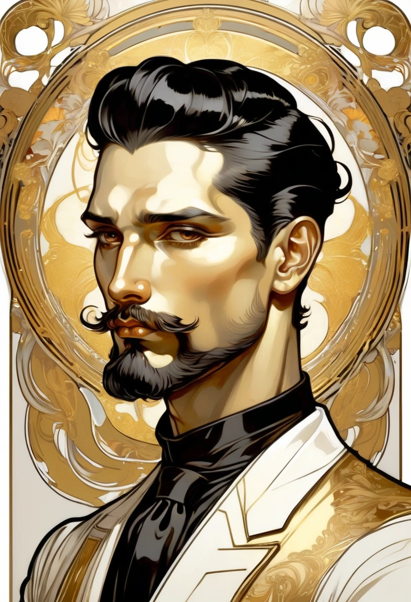 ccxl-mucha, Art style, gold and wite, retrato,elegant,A rude YOUNGE LATINman with short slicked back black hair, elegant portrait,BEARD